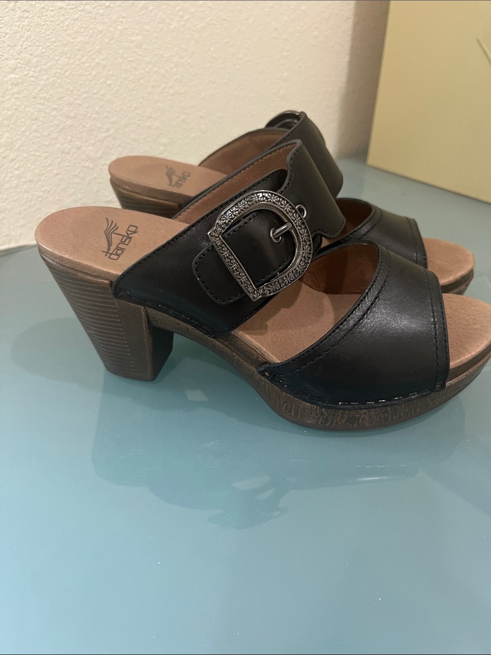 Dansko Black Leather Buckle Platform Sandal size 37 or 7